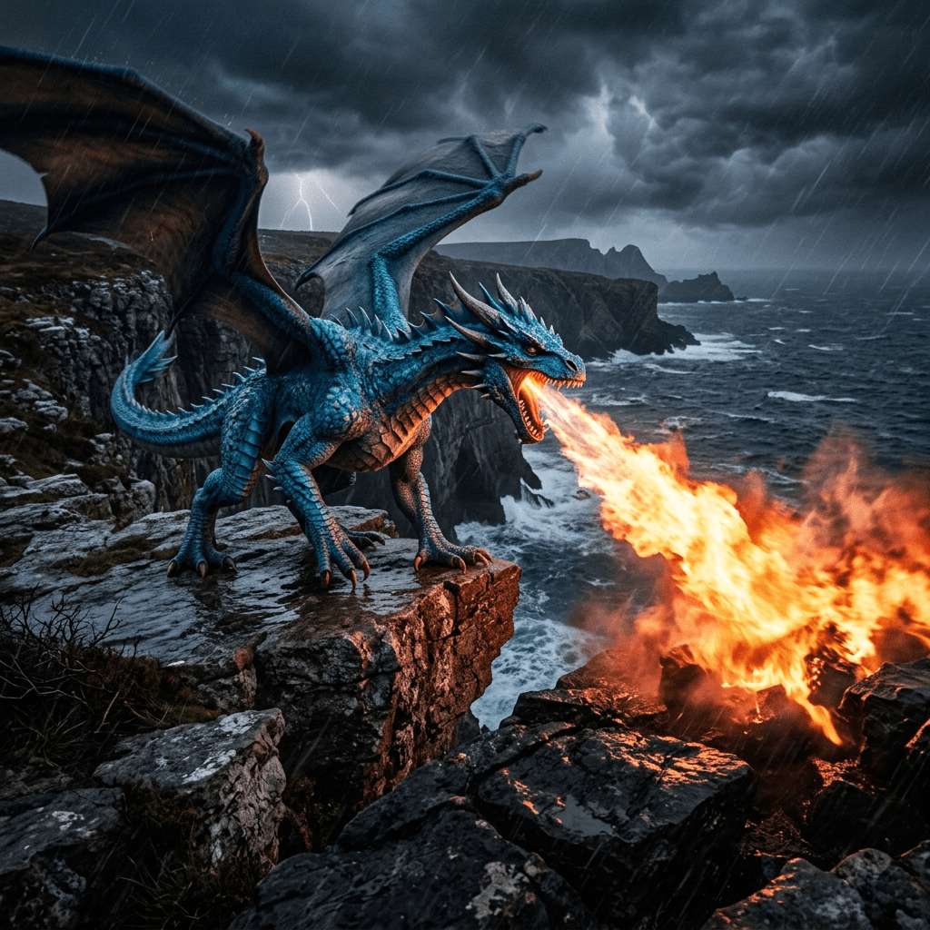 Blue dragon breathing fire on rocky cliffs by a stormy sea