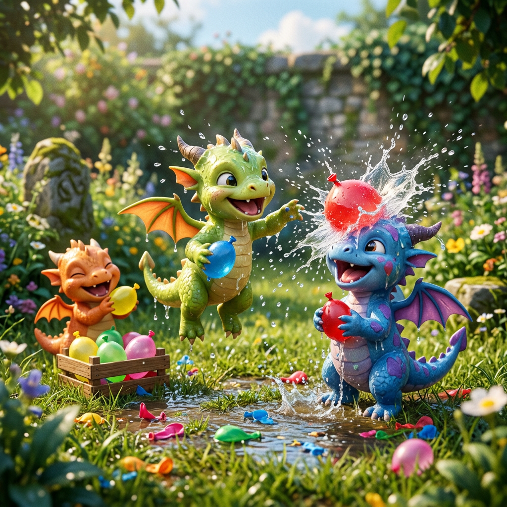 Three baby dragons playing with water balloons in a colorful garden