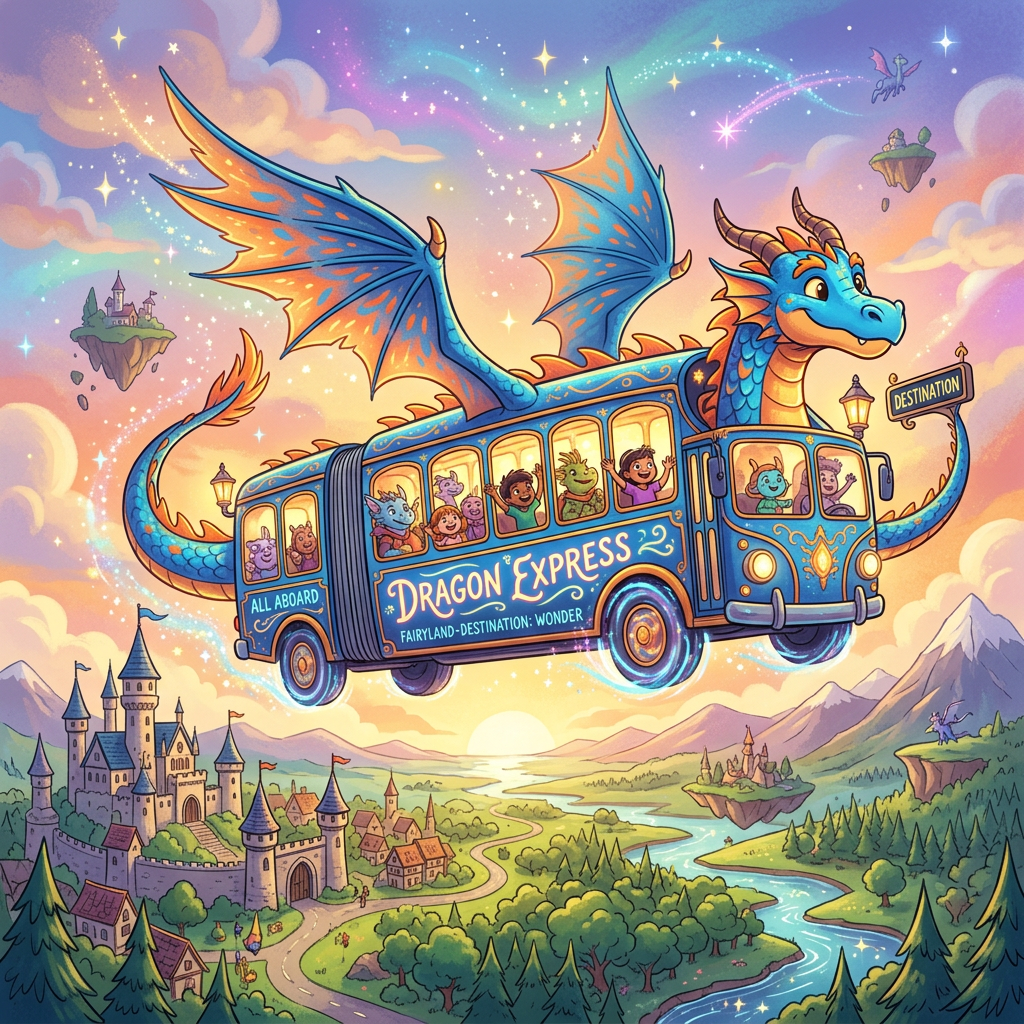 Dragon bus labeled “ALL ABOARD,” “DRAGON EXPRESS,” “FAIRYLAND-DESTINATION: WONDER,” and “DESTINATION”